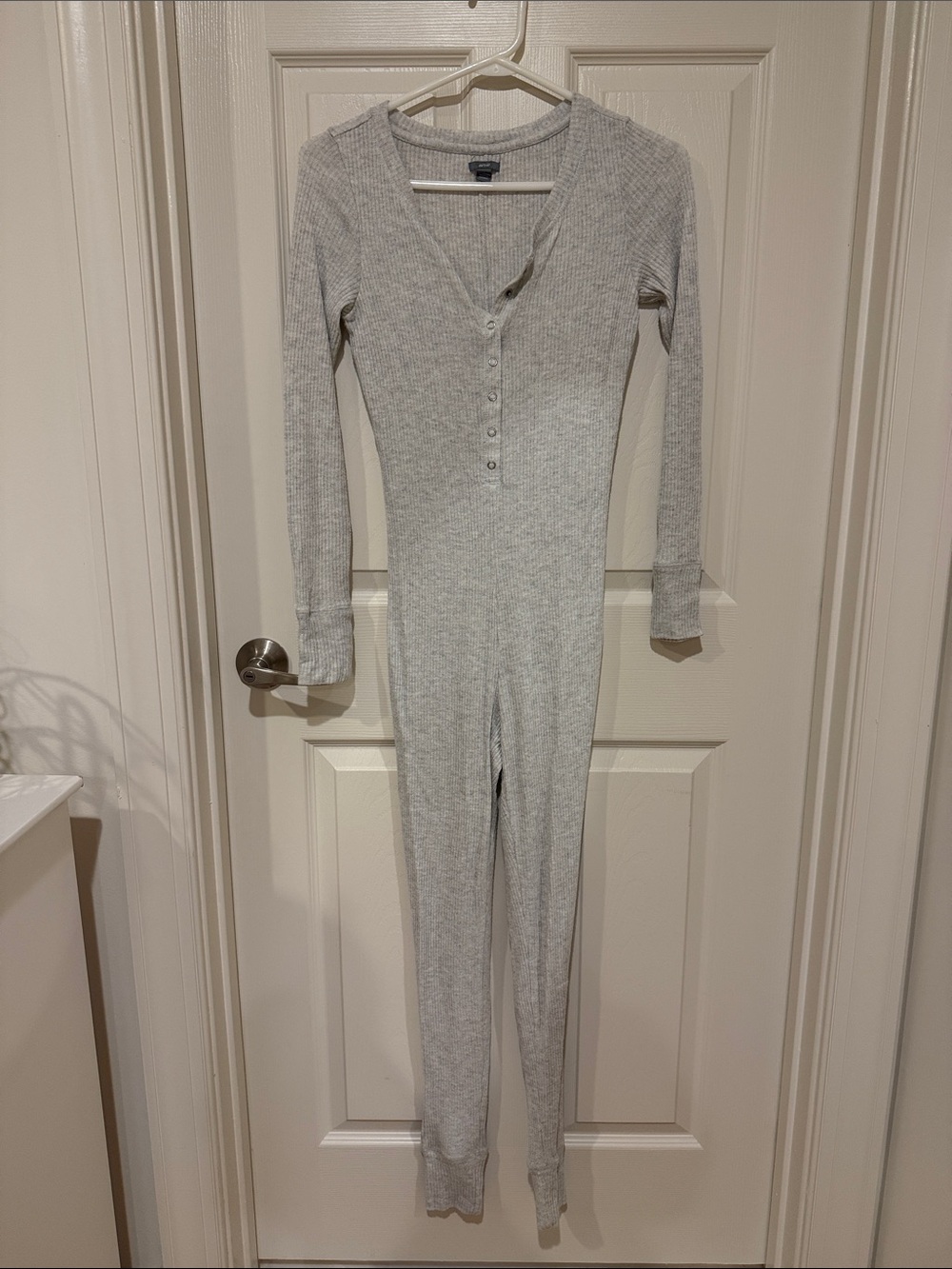 aerie Ribbed Henley One-Piece Pajama Jumpsuit - Light Gray
